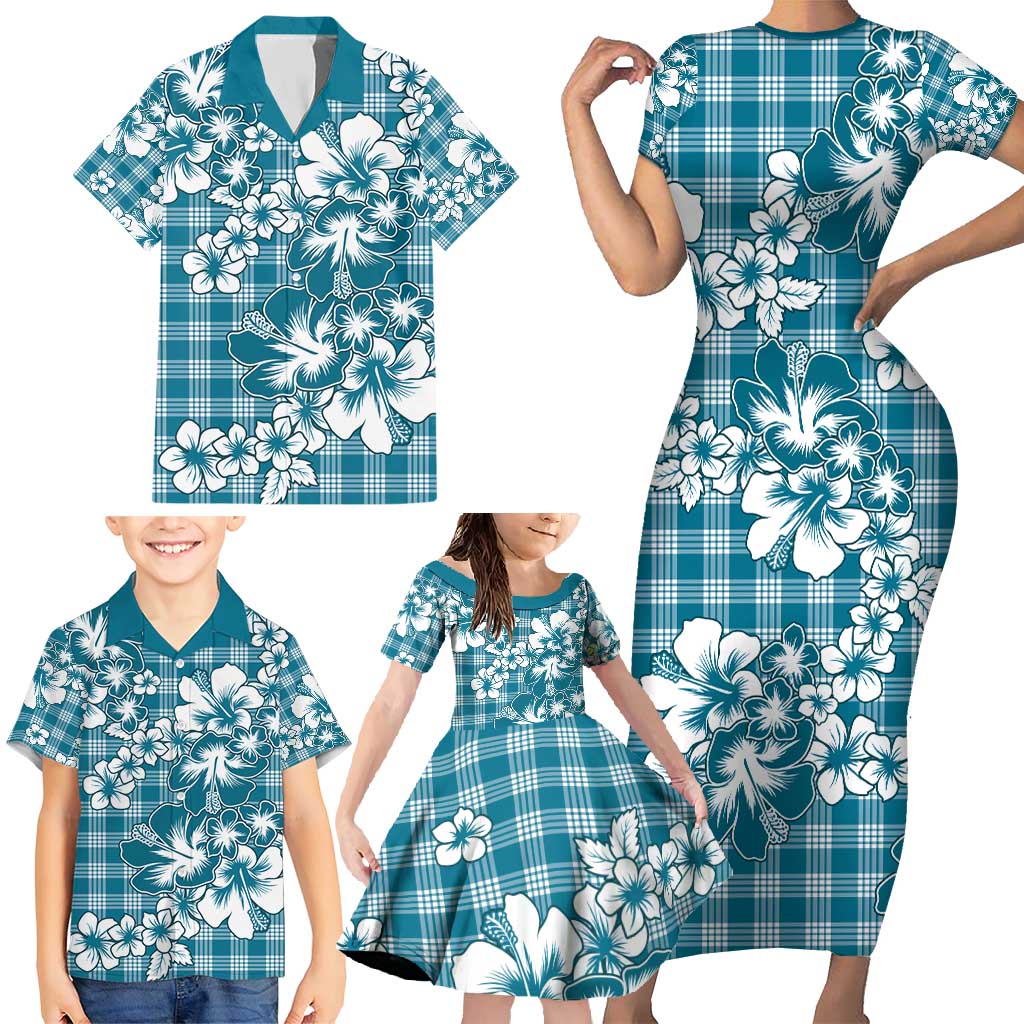 Hibiscus Pakala Ocean Depths Blue Family Matching Short Sleeve Bodycon Dress and Hawaiian Shirt Tropical Floral Stylized LT01 - Polynesian Pride