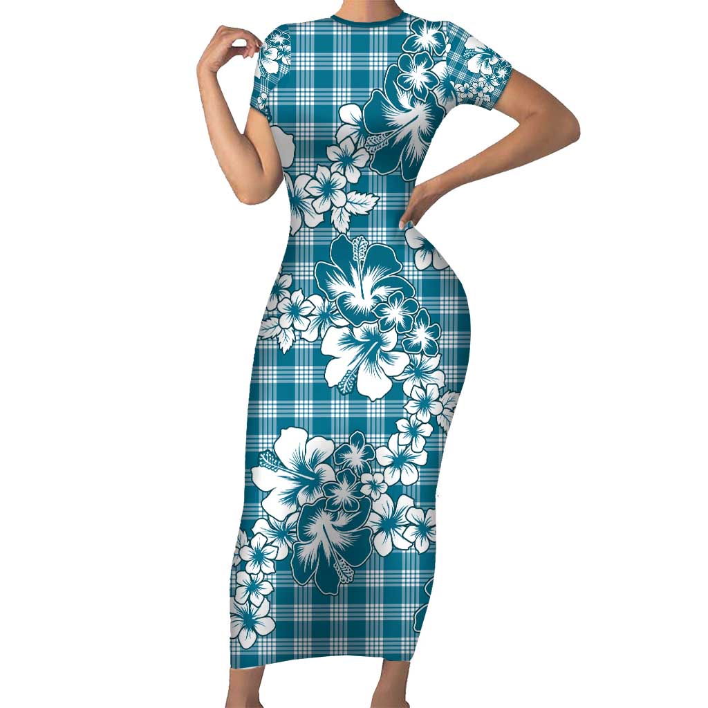 Hibiscus Pakala Ocean Depths Blue Family Matching Short Sleeve Bodycon Dress and Hawaiian Shirt Tropical Floral Stylized LT01 Mom's Dress Blue - Polynesian Pride