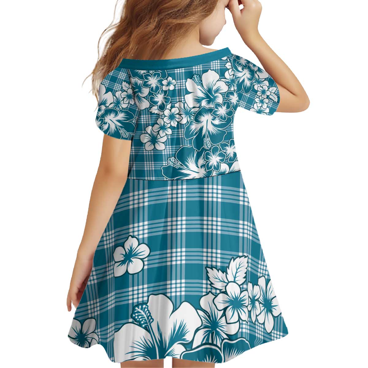 Hibiscus Pakala Ocean Depths Blue Kid Short Sleeve Dress Tropical Floral Stylized - Polynesian Pride