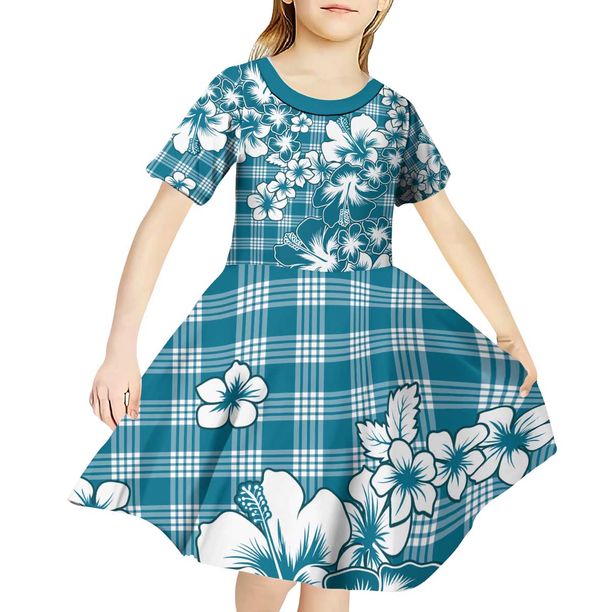 Hibiscus Pakala Ocean Depths Blue Kid Short Sleeve Dress Tropical Floral Stylized - Polynesian Pride
