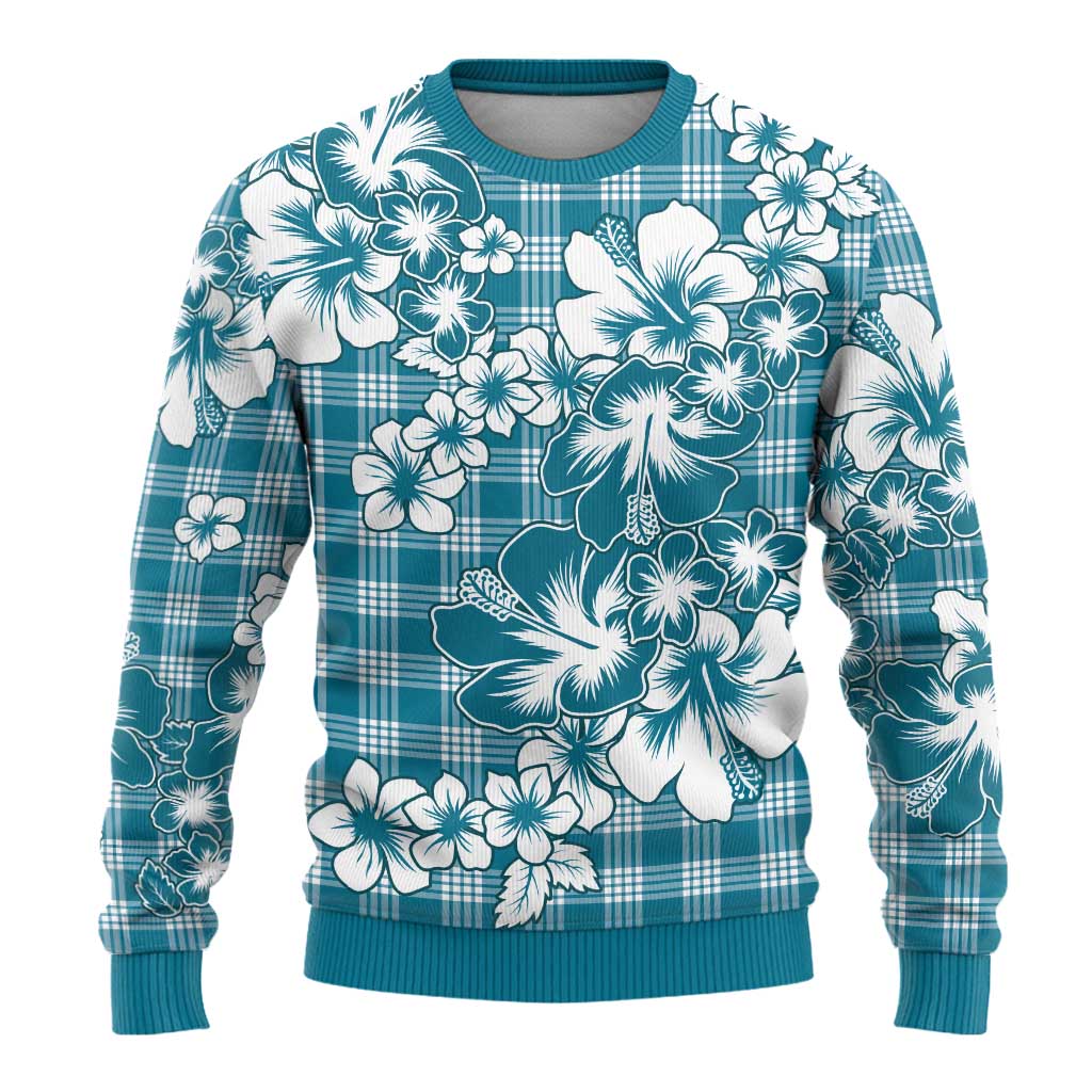 Hibiscus Pakala Ocean Depths Blue Ugly Christmas Sweater Tropical Floral Stylized - Polynesian Pride