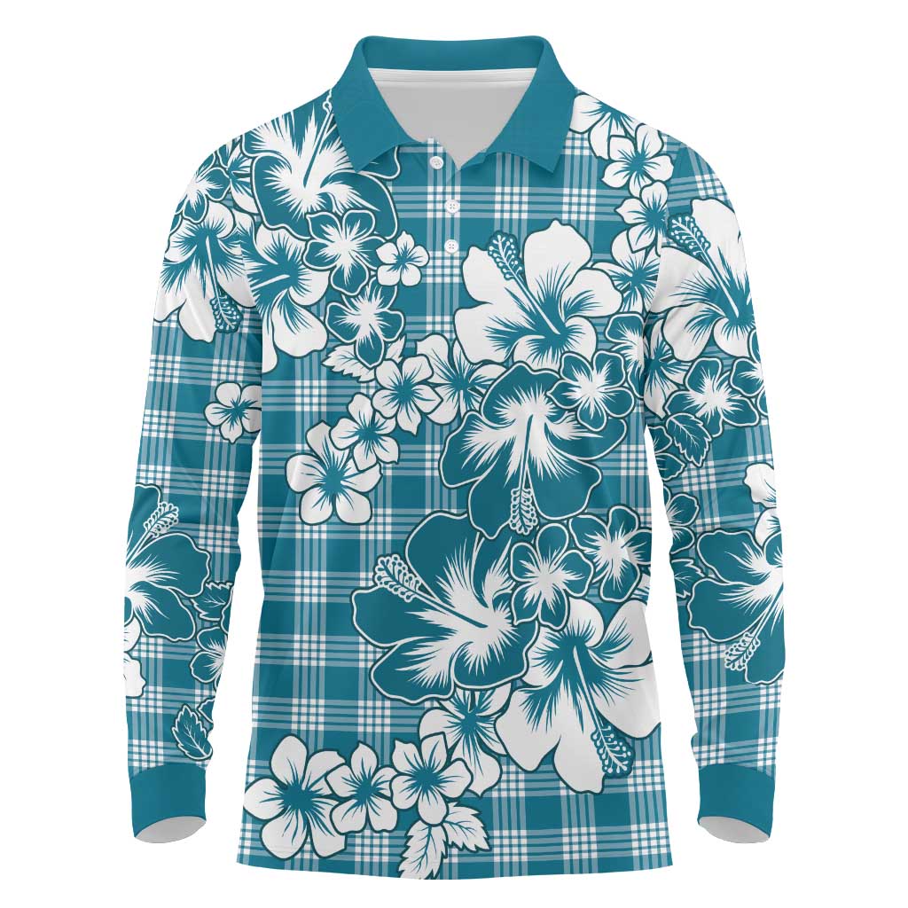 Hibiscus Pakala Ocean Depths Blue Long Sleeve Polo Shirt Tropical Floral Stylized LT01 Blue - Polynesian Pride