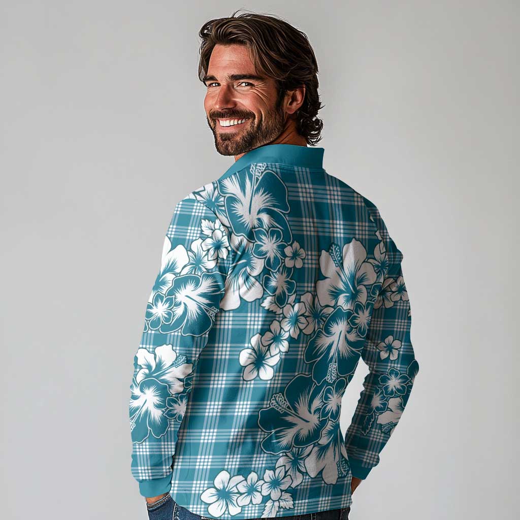 Hibiscus Pakala Ocean Depths Blue Long Sleeve Polo Shirt Tropical Floral Stylized - Polynesian Pride