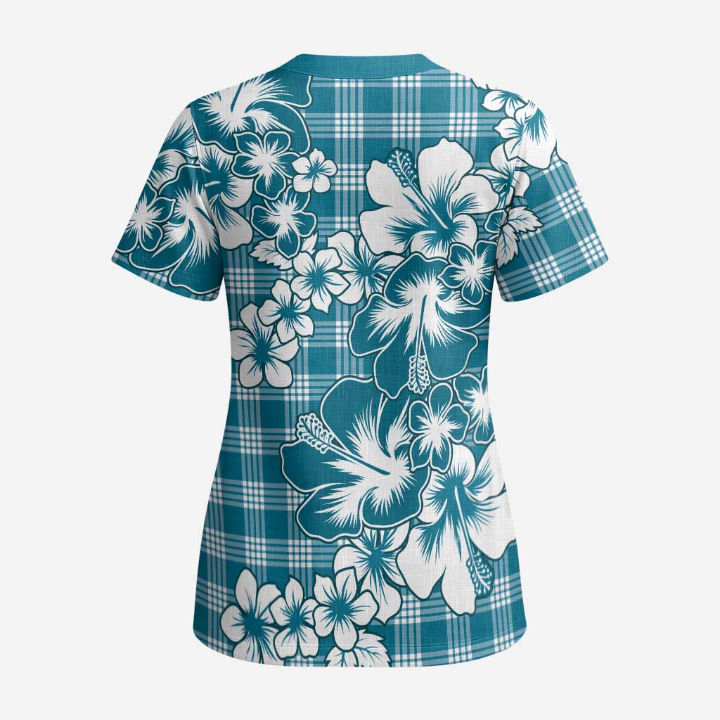 Hibiscus Pakala Ocean Depths Blue Scrub Top Tropical Floral Stylized LT01 - Polynesian Pride