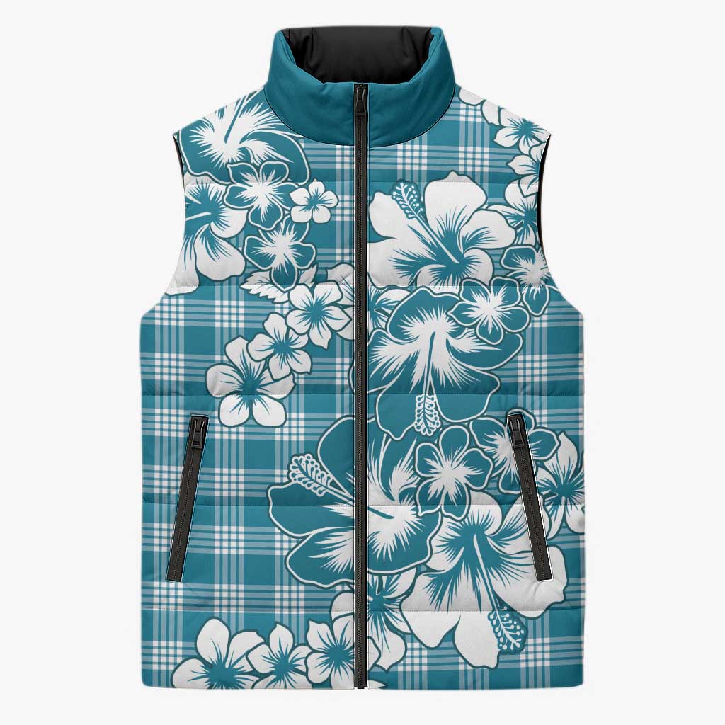 Hibiscus Pakala Ocean Depths Blue Sleeveless Puffer Jacket Tropical Floral Stylized - Polynesian Pride