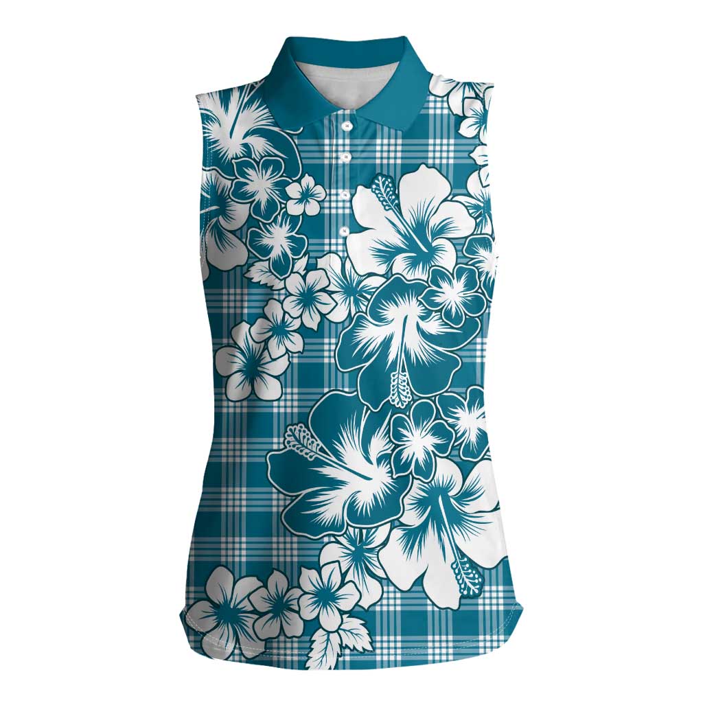 Hibiscus Pakala Ocean Depths Blue Women Sleeveless Polo Shirt Tropical Floral Stylized LT01 Female Blue - Polynesian Pride