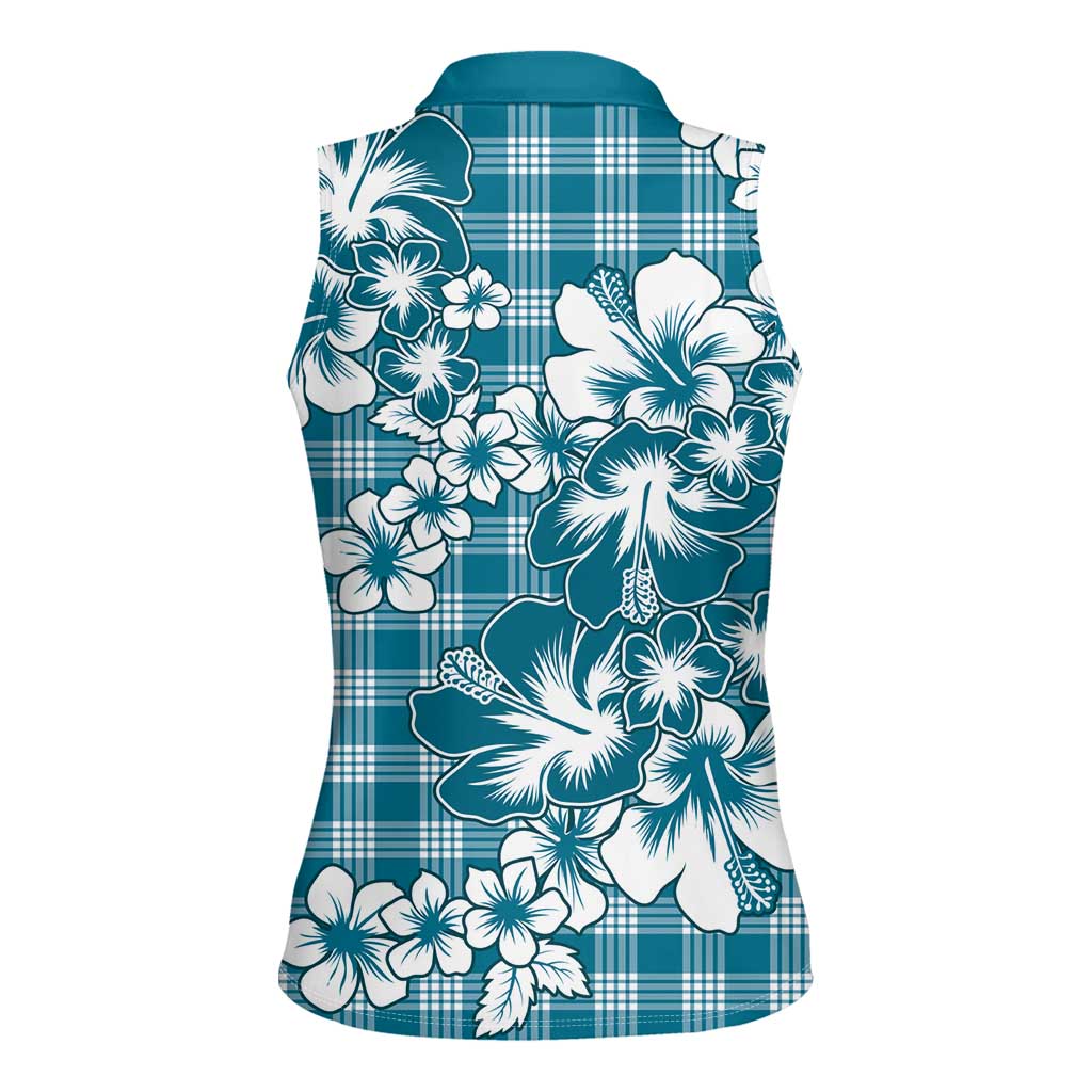 Hibiscus Pakala Ocean Depths Blue Women Sleeveless Polo Shirt Tropical Floral Stylized LT01 - Polynesian Pride