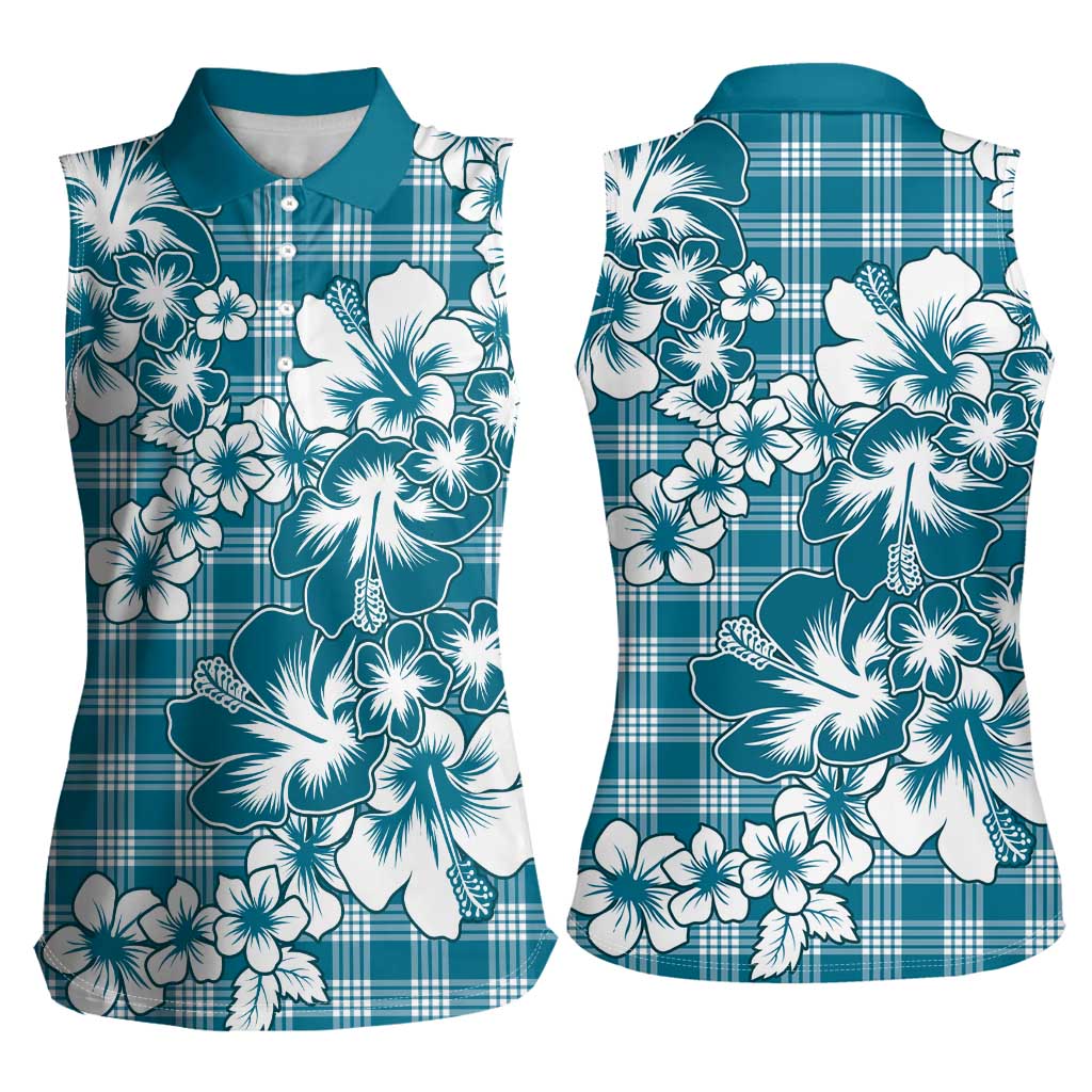 Hibiscus Pakala Ocean Depths Blue Women Sleeveless Polo Shirt Tropical Floral Stylized LT01 - Polynesian Pride