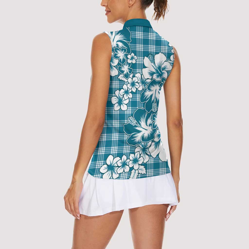 Hibiscus Pakala Ocean Depths Blue Women Sleeveless Polo Shirt Tropical Floral Stylized LT01 - Polynesian Pride