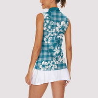 Hibiscus Pakala Ocean Depths Blue Women Sleeveless Polo Shirt Tropical Floral Stylized LT01 - Polynesian Pride