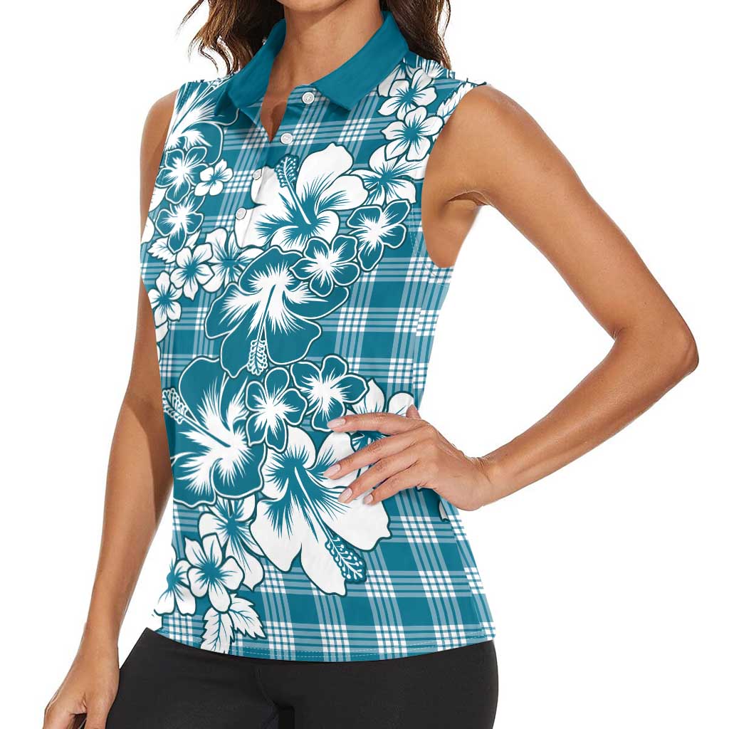 Hibiscus Pakala Ocean Depths Blue Women Sleeveless Polo Shirt Tropical Floral Stylized LT01 - Polynesian Pride