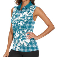 Hibiscus Pakala Ocean Depths Blue Women Sleeveless Polo Shirt Tropical Floral Stylized LT01 - Polynesian Pride