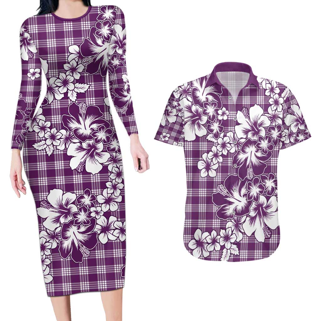 Hibiscus Pakala Sweetie Purple Couples Matching Long Sleeve Bodycon Dress and Hawaiian Shirt Tropical Floral Stylized LT01 Purple - Polynesian Pride