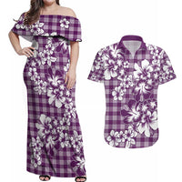 Hibiscus Pakala Sweetie Purple Couples Matching Off Shoulder Maxi Dress and Hawaiian Shirt Tropical Floral Stylized LT01 Purple - Polynesian Pride