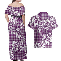 Hibiscus Pakala Sweetie Purple Couples Matching Off Shoulder Maxi Dress and Hawaiian Shirt Tropical Floral Stylized LT01 - Polynesian Pride
