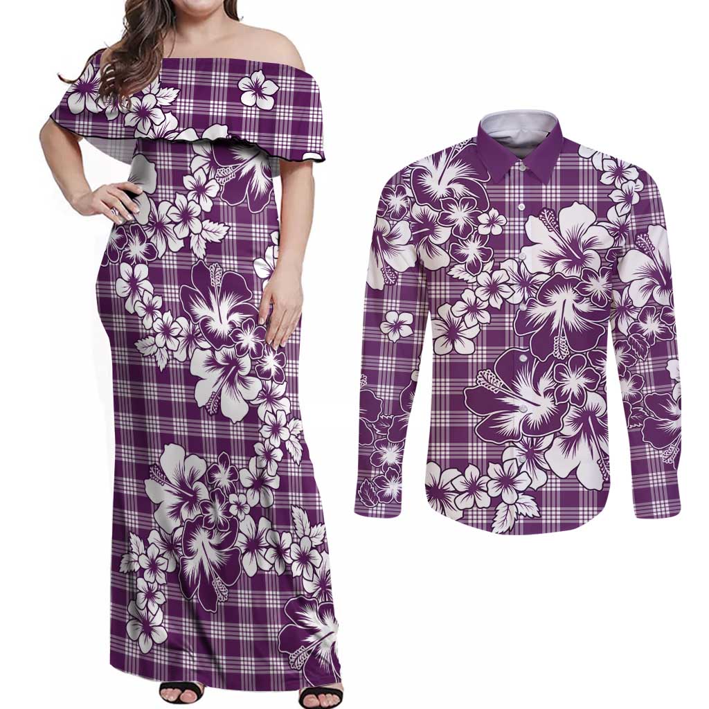 Hibiscus Pakala Sweetie Purple Couples Matching Off Shoulder Maxi Dress and Long Sleeve Button Shirt Tropical Floral Stylized LT01 Purple - Polynesian Pride