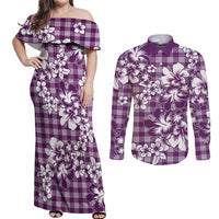Hibiscus Pakala Sweetie Purple Couples Matching Off Shoulder Maxi Dress and Long Sleeve Button Shirt Tropical Floral Stylized LT01 Purple - Polynesian Pride