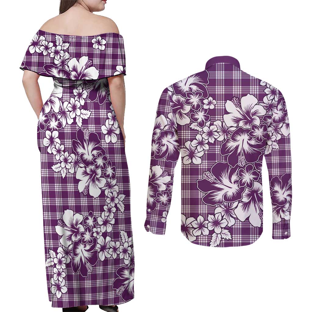 Hibiscus Pakala Sweetie Purple Couples Matching Off Shoulder Maxi Dress and Long Sleeve Button Shirt Tropical Floral Stylized LT01 - Polynesian Pride