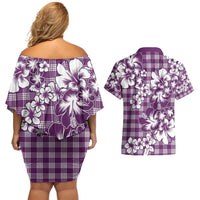Hibiscus Pakala Sweetie Purple Couples Matching Off Shoulder Short Dress and Hawaiian Shirt Tropical Floral Stylized LT01 - Polynesian Pride