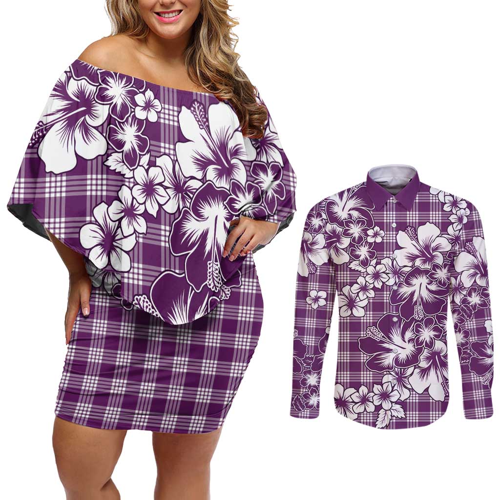 Hibiscus Pakala Sweetie Purple Couples Matching Off Shoulder Short Dress and Long Sleeve Button Shirt Tropical Floral Stylized LT01 Purple - Polynesian Pride