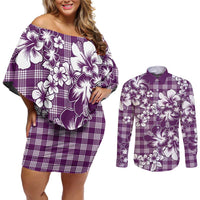 Hibiscus Pakala Sweetie Purple Couples Matching Off Shoulder Short Dress and Long Sleeve Button Shirt Tropical Floral Stylized LT01 Purple - Polynesian Pride