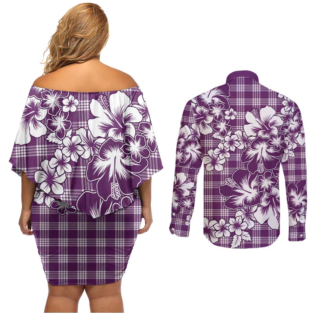 Hibiscus Pakala Sweetie Purple Couples Matching Off Shoulder Short Dress and Long Sleeve Button Shirt Tropical Floral Stylized LT01 - Polynesian Pride