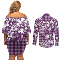 Hibiscus Pakala Sweetie Purple Couples Matching Off Shoulder Short Dress and Long Sleeve Button Shirt Tropical Floral Stylized LT01 - Polynesian Pride