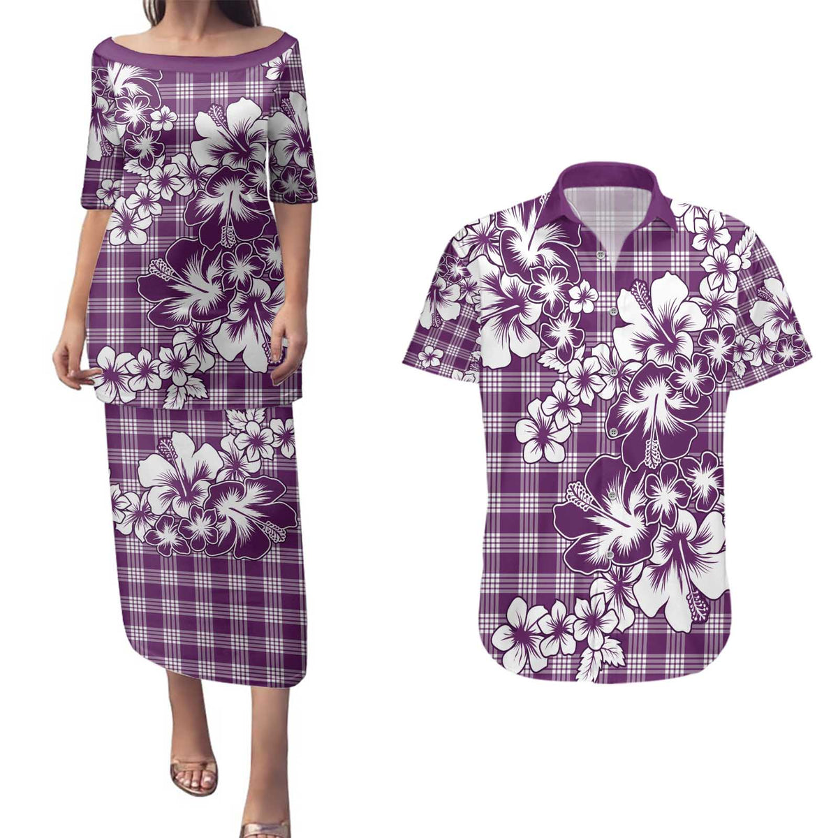 Hibiscus Pakala Sweetie Purple Couples Matching Puletasi and Hawaiian Shirt Tropical Floral Stylized LT01 Purple - Polynesian Pride