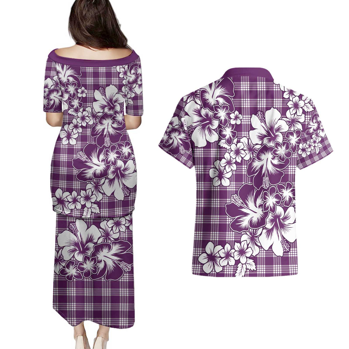 Hibiscus Pakala Sweetie Purple Couples Matching Puletasi and Hawaiian Shirt Tropical Floral Stylized LT01 - Polynesian Pride