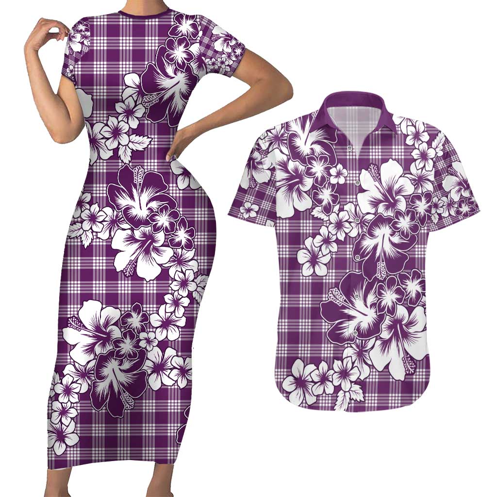 Hibiscus Pakala Sweetie Purple Couples Matching Short Sleeve Bodycon Dress and Hawaiian Shirt Tropical Floral Stylized LT01 Purple - Polynesian Pride