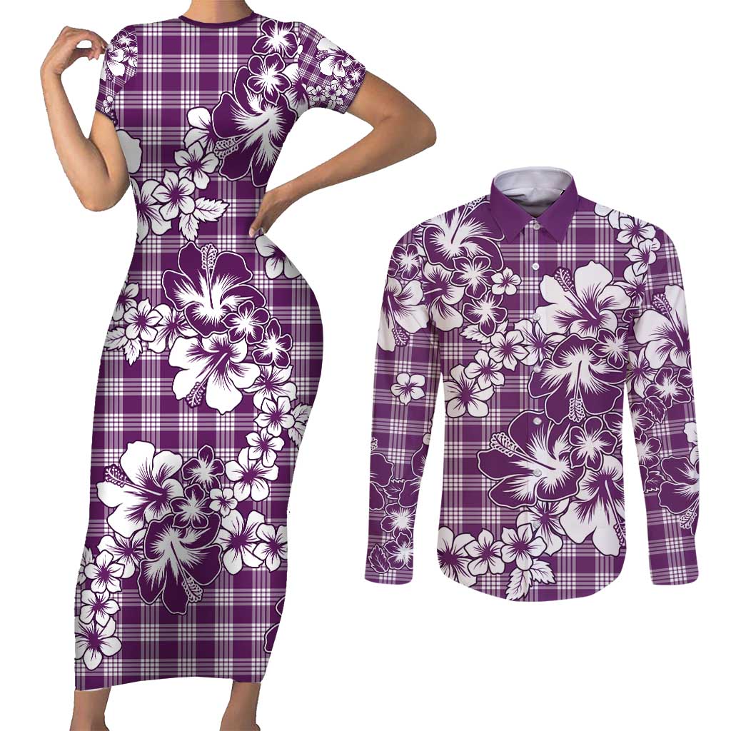 Hibiscus Pakala Sweetie Purple Couples Matching Short Sleeve Bodycon Dress and Long Sleeve Button Shirt Tropical Floral Stylized LT01 Purple - Polynesian Pride