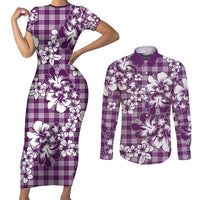 Hibiscus Pakala Sweetie Purple Couples Matching Short Sleeve Bodycon Dress and Long Sleeve Button Shirt Tropical Floral Stylized LT01 Purple - Polynesian Pride