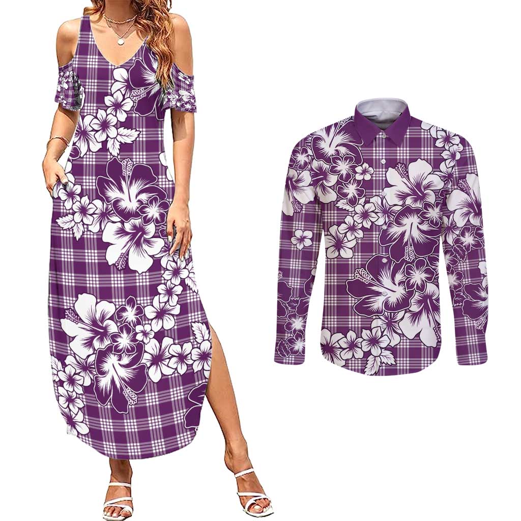 Hibiscus Pakala Sweetie Purple Couples Matching Summer Maxi Dress and Long Sleeve Button Shirt Tropical Floral Stylized LT01 Purple - Polynesian Pride
