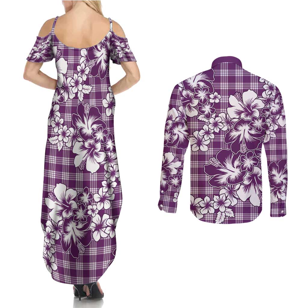 Hibiscus Pakala Sweetie Purple Couples Matching Summer Maxi Dress and Long Sleeve Button Shirt Tropical Floral Stylized LT01 - Polynesian Pride