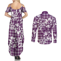 Hibiscus Pakala Sweetie Purple Couples Matching Summer Maxi Dress and Long Sleeve Button Shirt Tropical Floral Stylized LT01 - Polynesian Pride