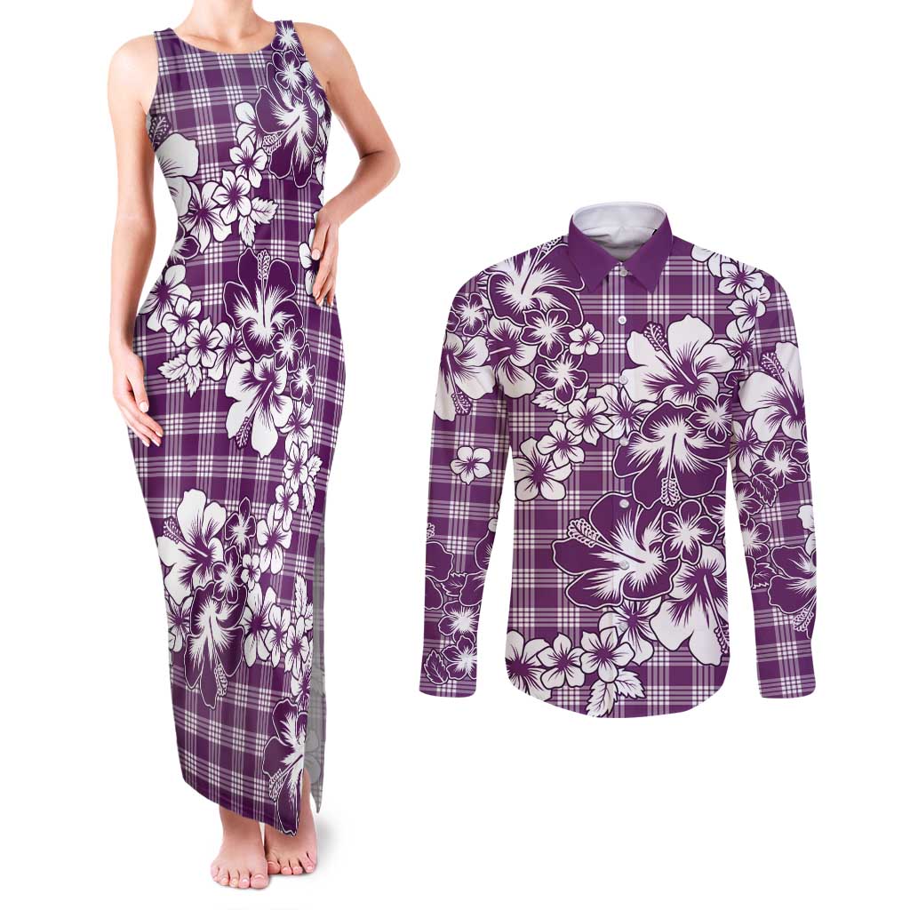 Hibiscus Pakala Sweetie Purple Couples Matching Tank Maxi Dress and Long Sleeve Button Shirt Tropical Floral Stylized LT01 Purple - Polynesian Pride