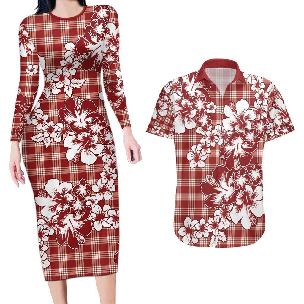 Hibiscus Pakala Fantasy Red Couples Matching Long Sleeve Bodycon Dress and Hawaiian Shirt Tropical Floral Stylized LT01 Red - Polynesian Pride