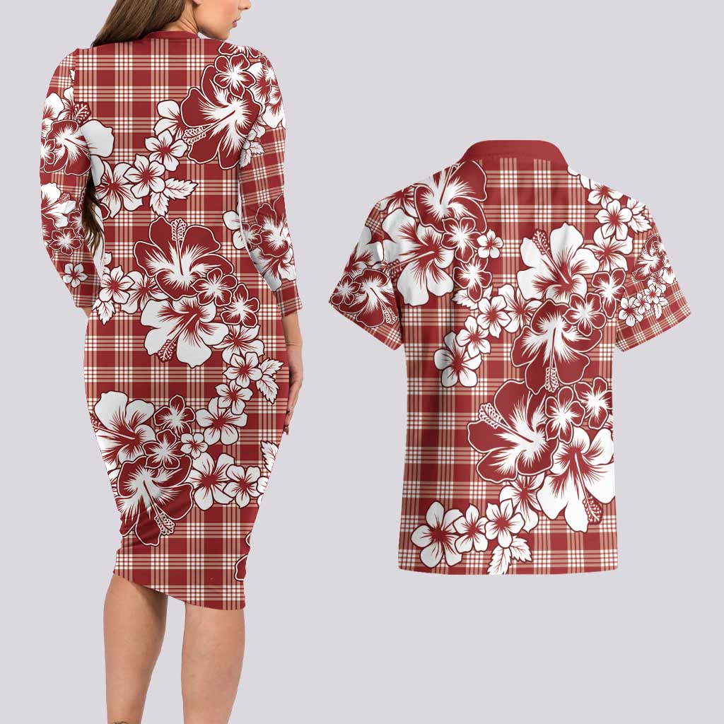 Hibiscus Pakala Fantasy Red Couples Matching Long Sleeve Bodycon Dress and Hawaiian Shirt Tropical Floral Stylized LT01 - Polynesian Pride