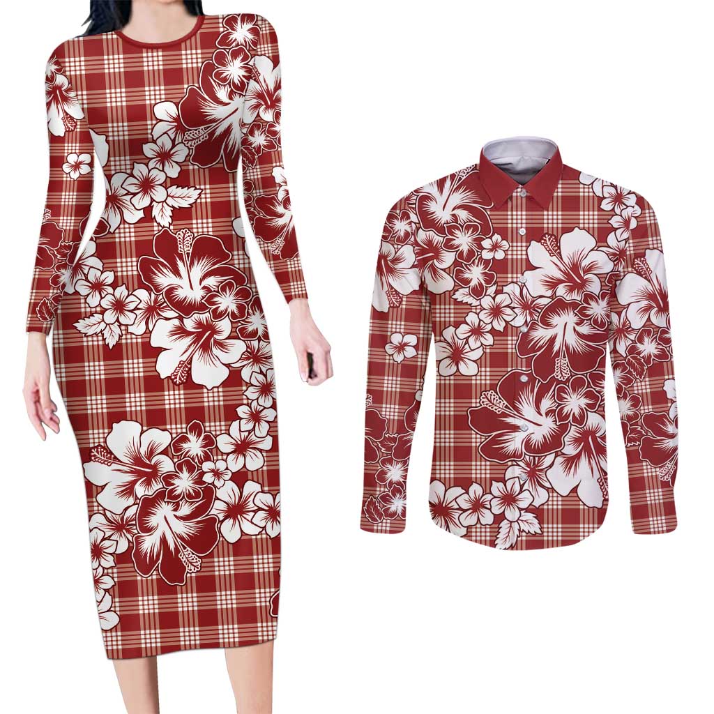 Hibiscus Pakala Fantasy Red Couples Matching Long Sleeve Bodycon Dress and Long Sleeve Button Shirt Tropical Floral Stylized LT01 Red - Polynesian Pride