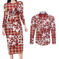 Hibiscus Pakala Fantasy Red Couples Matching Long Sleeve Bodycon Dress and Long Sleeve Button Shirt Tropical Floral Stylized LT01 Red - Polynesian Pride
