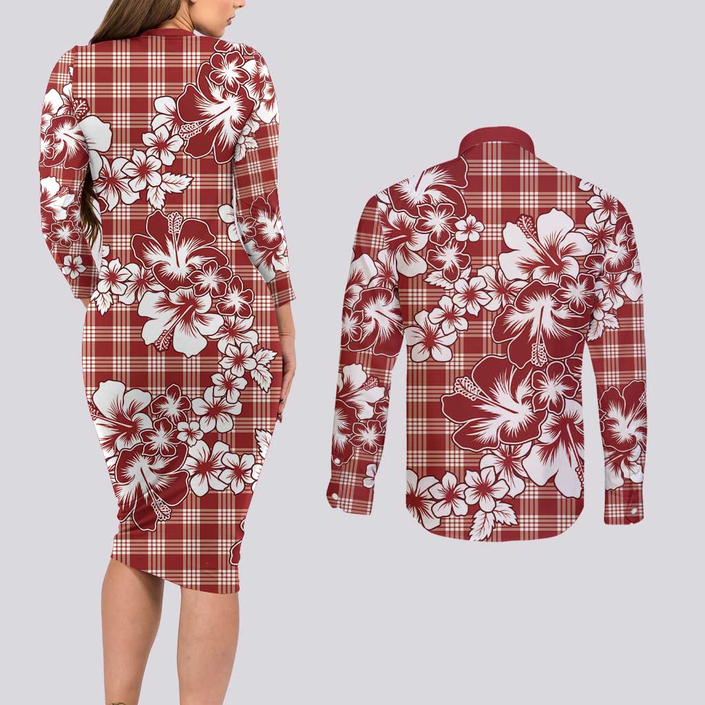 Hibiscus Pakala Fantasy Red Couples Matching Long Sleeve Bodycon Dress and Long Sleeve Button Shirt Tropical Floral Stylized LT01 - Polynesian Pride