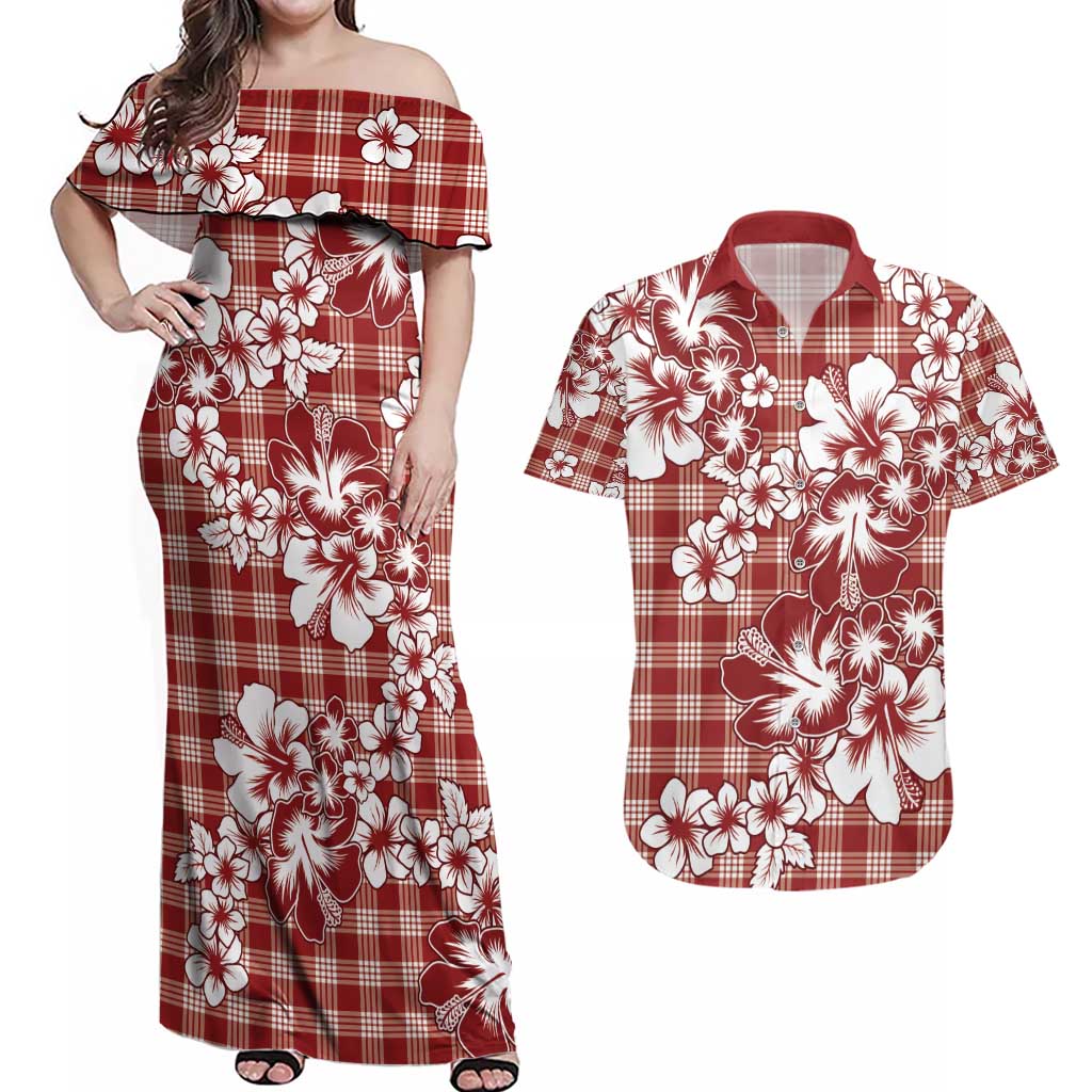 Hibiscus Pakala Fantasy Red Couples Matching Off Shoulder Maxi Dress and Hawaiian Shirt Tropical Floral Stylized LT01 Red - Polynesian Pride