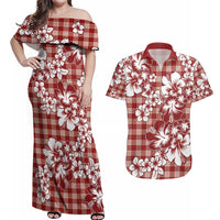 Hibiscus Pakala Fantasy Red Couples Matching Off Shoulder Maxi Dress and Hawaiian Shirt Tropical Floral Stylized LT01 Red - Polynesian Pride