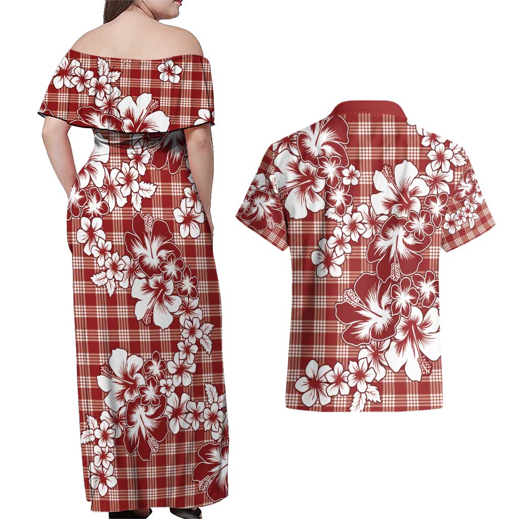 Hibiscus Pakala Fantasy Red Couples Matching Off Shoulder Maxi Dress and Hawaiian Shirt Tropical Floral Stylized LT01 - Polynesian Pride