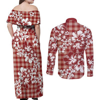 Hibiscus Pakala Fantasy Red Couples Matching Off Shoulder Maxi Dress and Long Sleeve Button Shirt Tropical Floral Stylized - Polynesian Pride