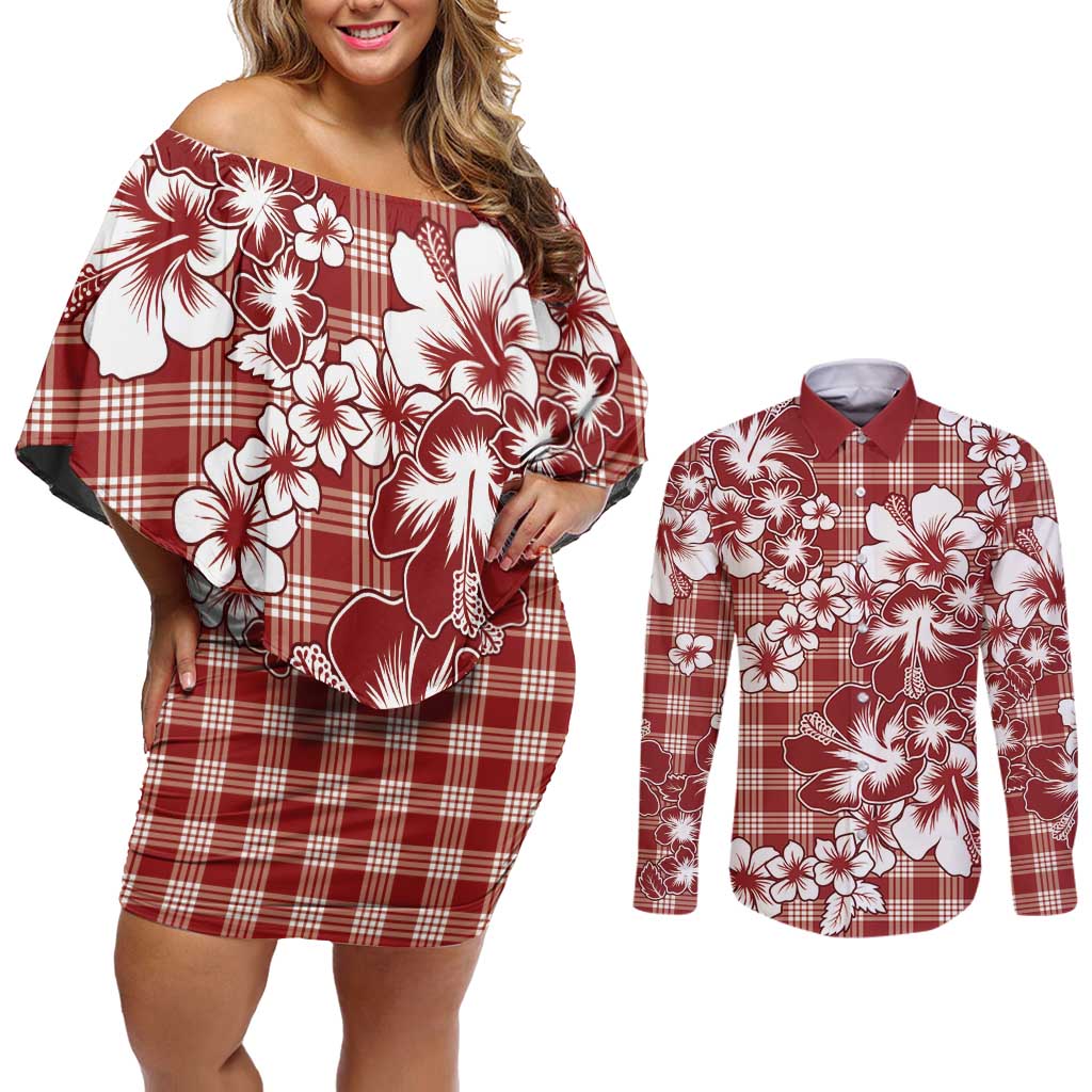 Hibiscus Pakala Fantasy Red Couples Matching Off Shoulder Short Dress and Long Sleeve Button Shirt Tropical Floral Stylized LT01 Red - Polynesian Pride