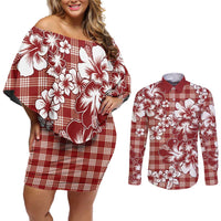 Hibiscus Pakala Fantasy Red Couples Matching Off Shoulder Short Dress and Long Sleeve Button Shirt Tropical Floral Stylized LT01 Red - Polynesian Pride