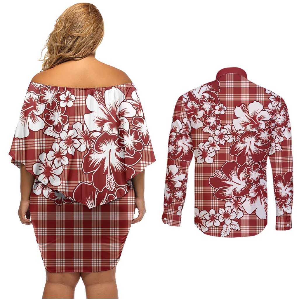 Hibiscus Pakala Fantasy Red Couples Matching Off Shoulder Short Dress and Long Sleeve Button Shirt Tropical Floral Stylized LT01 - Polynesian Pride