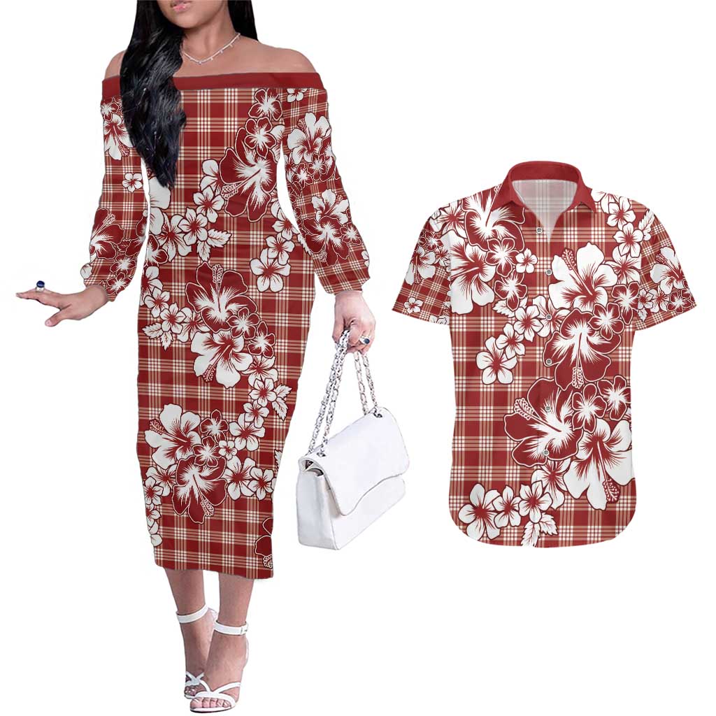 Hibiscus Pakala Fantasy Red Couples Matching Off The Shoulder Long Sleeve Dress and Hawaiian Shirt Tropical Floral Stylized LT01 Red - Polynesian Pride