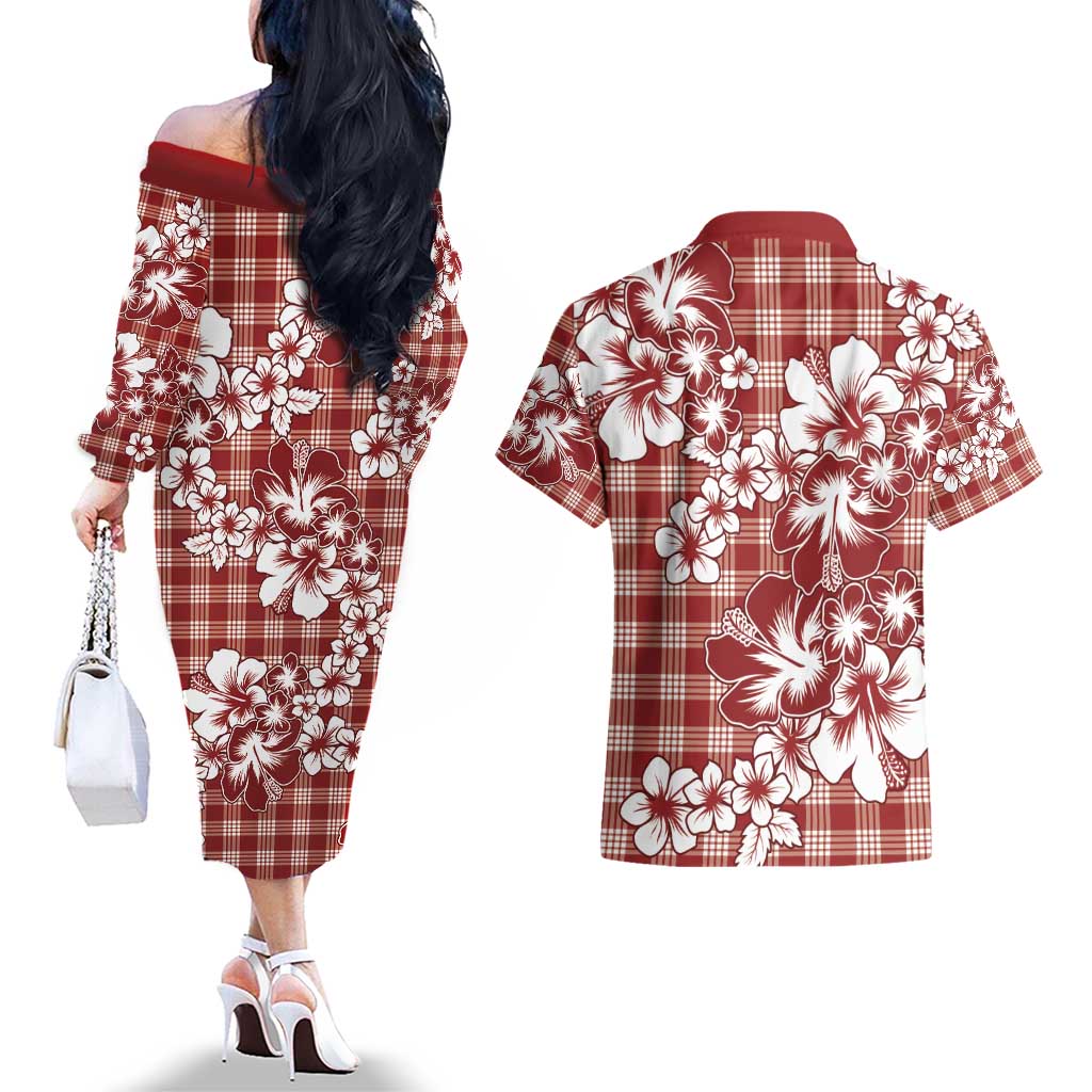 Hibiscus Pakala Fantasy Red Couples Matching Off The Shoulder Long Sleeve Dress and Hawaiian Shirt Tropical Floral Stylized LT01 - Polynesian Pride